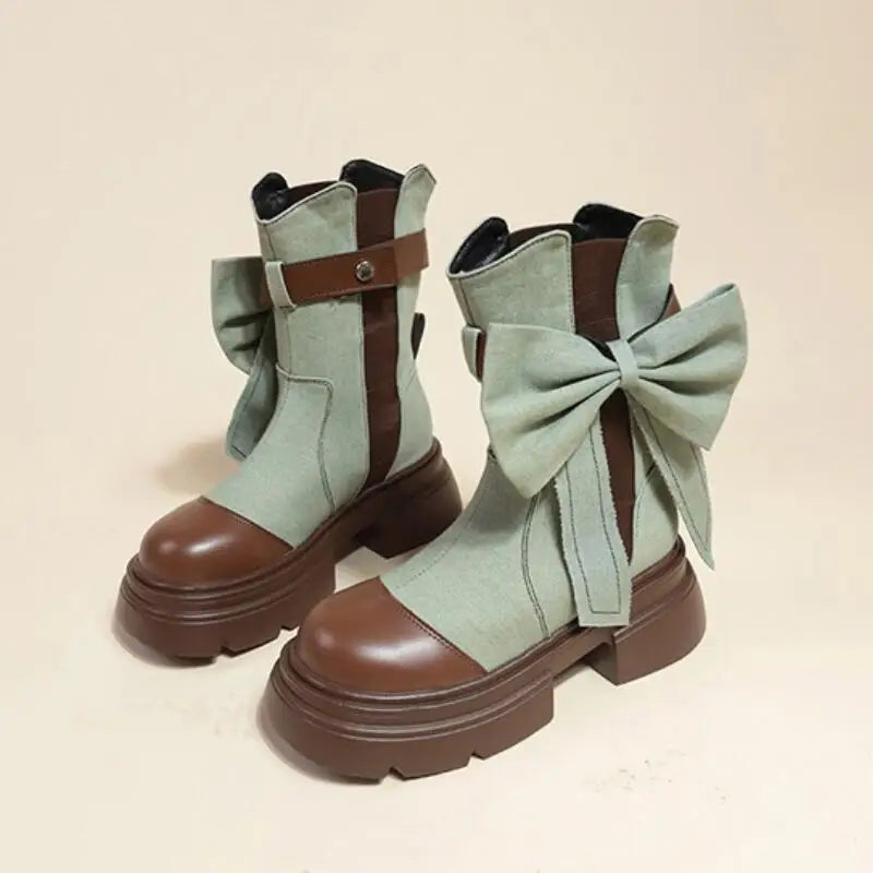 LBSFY  -  Canvas Sweet Big Bow Short Boots Women 2024 Autumn Platform Ankle Boots Fashion Splicing Shoes Round Toe Femme Botas Mujer