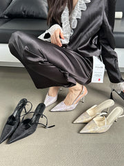 LBSFY  -  Black Beige Purple Women Sandals Pointed Toe Summer Dress Shoes Silk Elegant Fashion Party Sandals Thin High Heels Back Strap 39
