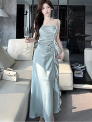 LBSFY -Party Chic Elegant Satin Split Sling Dresses For Woman Ruffles High Waist Folds Long Dress Prom Female Clothes 2025 New Robe