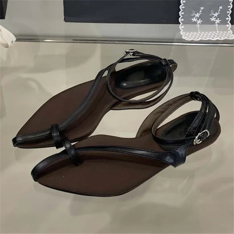 LBSFY -Summer Pointed Clip Toe Flat Heels Women Sandals Fashion Buckle Strap Casual Beach Party Flip Flops Shoes