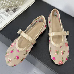 LBSFY -Designer Embroidered Flower Mesh Fabric Flat Heels Women Sandals Fashion Round Toe Buckle Strap Casual Mule Shoes