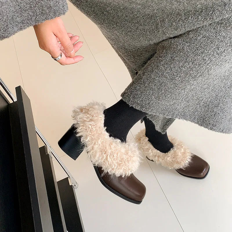LBSFY  -  Fashion Pumps New High Quality Genuine Leather Wool Shoes Square Head High Heel Leather Shoes Winter Warm Shoes Women