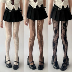 Lbsfy Y2K Floral Jacquard Sexy Stockings Women Gothic Punk Black Fishnet Pantyhose Harajuku Lolita Irregular Rose Holes Mesh Tights