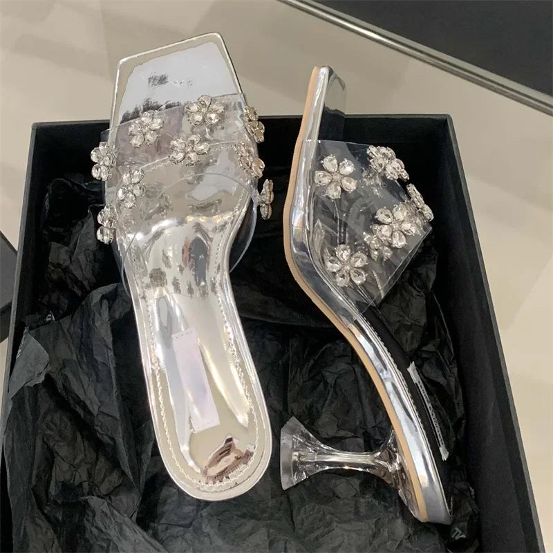 LBSFY -Fashion Crystal Diamond PVC Transparent Square Toe Woman Slippers Sexy High Heels Stripper Party Slide Shoes