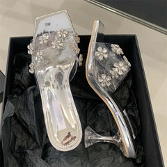 LBSFY -Fashion Crystal Diamond PVC Transparent Square Toe Woman Slippers Sexy High Heels Stripper Party Slide Shoes