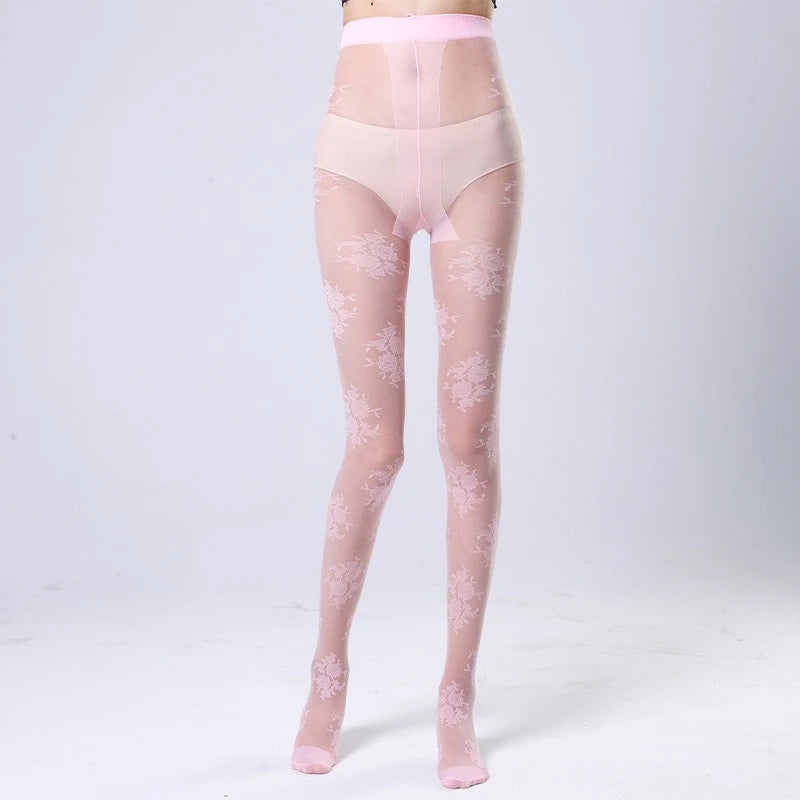 Lbsfy Feminine Mesh Jacquard Tights Summer Spring Rose Flowers JK Fishnet Pantyhose 7 Colors Woman Thin Long Black Stockings