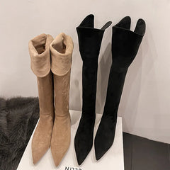 LBSFY  -  Fashion Over Knee Boots Women's New High Quality Suede Pointed Wide Tube Comfortable Flat Bottom Boots Modern Long Boots