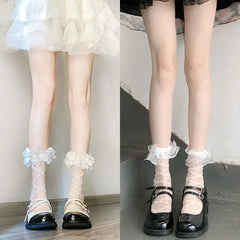 Lbsfy Women's Socks Spring Summer Mid-tube Thin Japanese Lolita Lace Stockings Sweet Cute Breathable Jk Kawaii Comfortable Socks