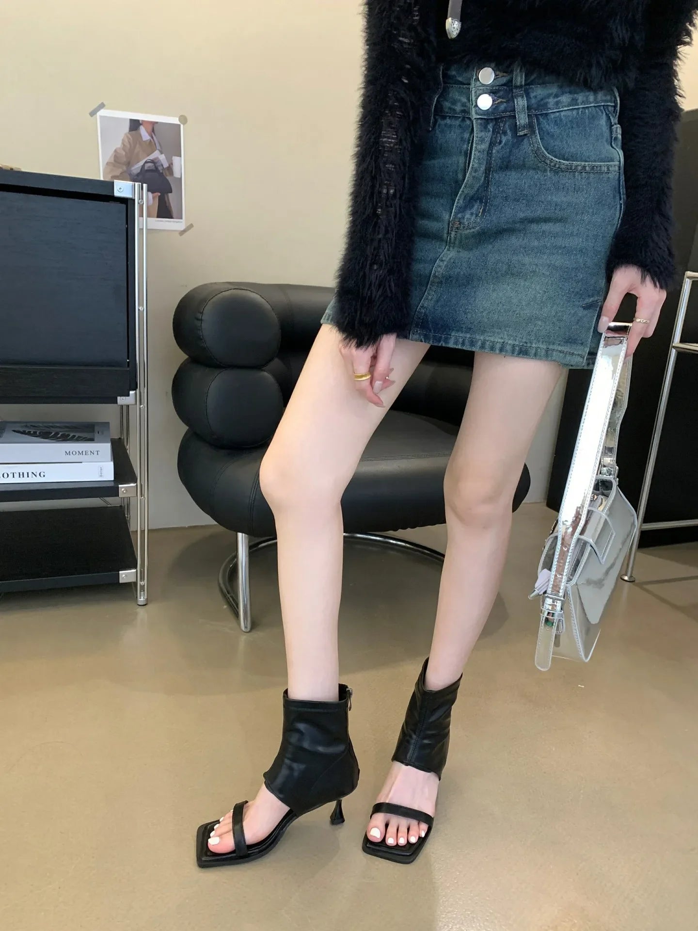LBSFY -New 2025 Women's Fashion Short Open-Toe Ankle Boots Thin Heel Medium Height PU Leather round Toe Rubber Outsole Leisure Style