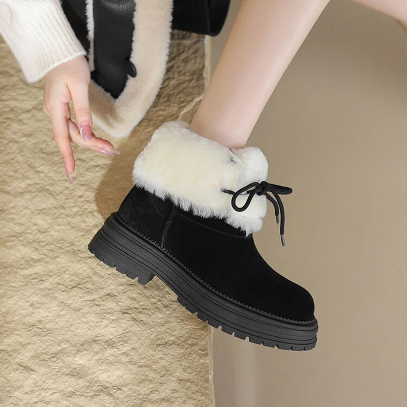 LBSFY  -  NEW Winter Women Boots Cow Suede Leather Shoes for Women Round Toe Thick Heel Shoes Lace-up Platform Short Boots Wool Snow Boots