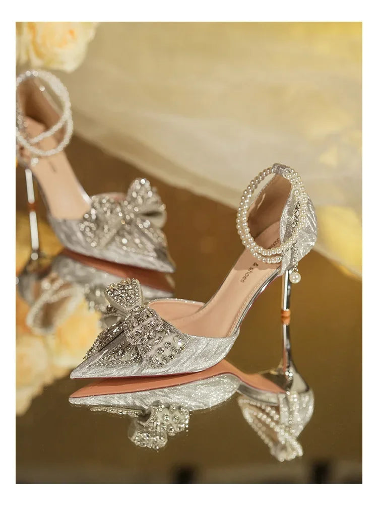 LBSFY -Spring Summer Fashion Pointed Toe Sandals Women's Rhinestone Pearl Butterfly Gold Silver High Heels Party Wedding Heeled Shoes