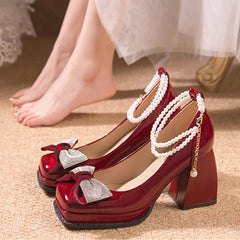 LBSFY  -  Fashion Pearl Strap High Heels Pumps Women Patent Leather Crystal Bowknot Party Shoes Woman Square Toe Thick Heel Mary Janes