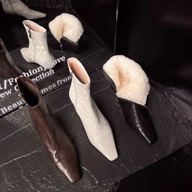 LBSFY  -  Plus Size 34-41 New Genuine Leather Boots Women Zipper Pointed Toe Mid Heels Autumn Winter Ankle Boos Wool Snow Boots