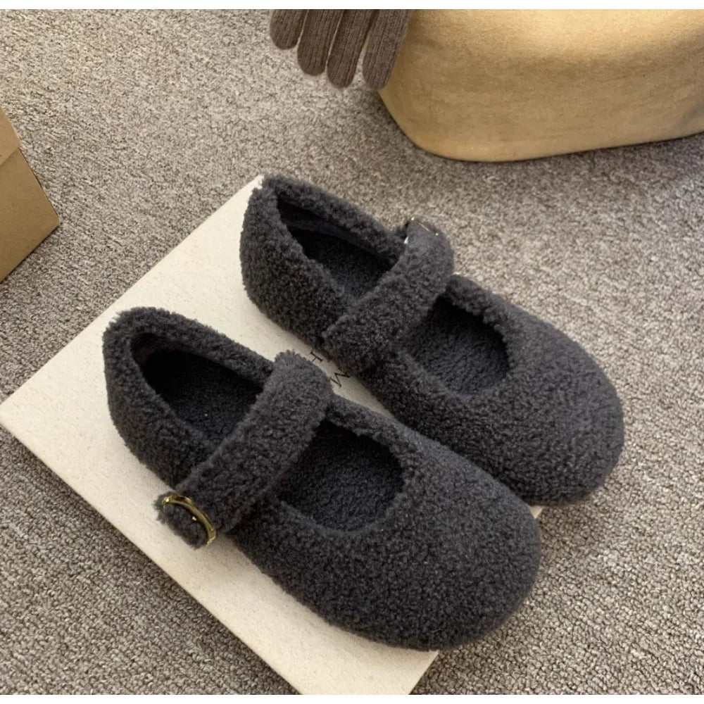 LBSFY -Fashion Round Toe Wool Ballet Flats Woman Concise Warm Plush Loafers Ladies Brand Design Fluffy Mary Jane Shoes in Red Grey