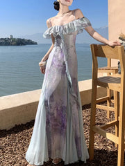 LBSFY -Summer Print Fairy Slash-Neck Ruffles Chiffon Long Dress Elegant French Romantic Princess Slim Waist Sling Dresses 2025 Robe