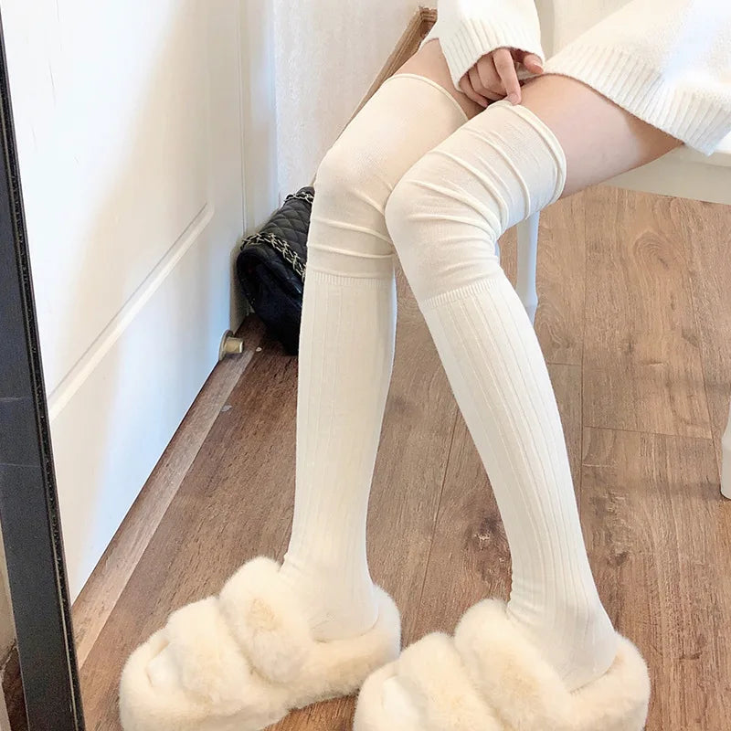 Lbsfy Socks Woman Winter Thick Solid Color Lolita Cute JK Thigh High Stockings Black White Long Socks for Women Fashion Medias