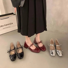 LBSFY -French Elegant Butterfly Knot Thick Heel Mary Janes 2025 New Style for Evening Wear Red Women's Single Shoes Casual Loafers