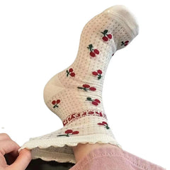 Lbsfy Summer Cherry Print Socks Female Thin Mesh Socks Students Girls Cute Kawaii Harajuku Socks For Girls Gift Streetwear Ruffle Soks