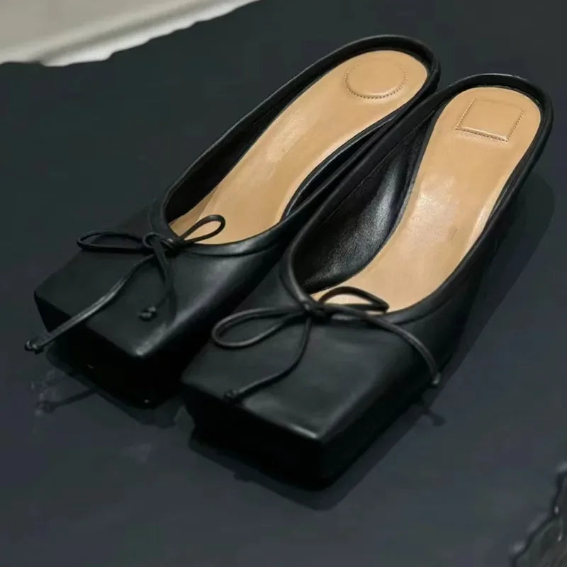 LBSFY  -  Genuine Leather Pumps Square Toe Metal Thin Heel Belt Buckle Lace-Up Ballet Mules Solid Slip-On Fashion Party Sexy Shoes