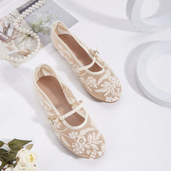LBSFY -Embroidery String Bead Mesh Ballet Flats Women Fashion White Pearl Mary Jane Shoes Light Summer Flats Elegant Cozy Flat Sandals