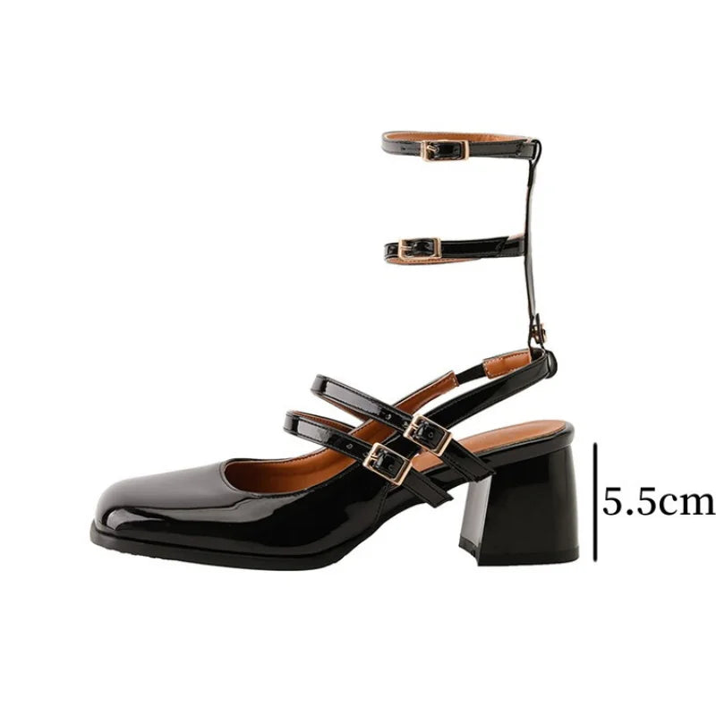 LBSFY  -  Women Gladiator Sandals Patent Leather Mary Janes Multi-buckle Slingback Shoes Thick Heels Silver Lady Sandal