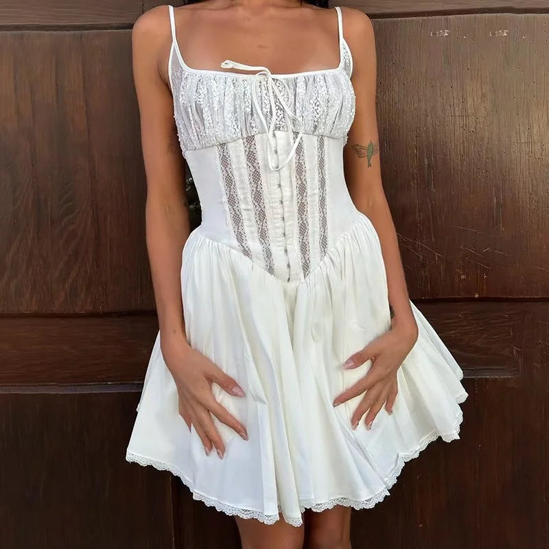 LBSFY -Sexy Hollow Lace Dresses For Woman Elegant Fashion A-Line Folds Spaghetti Strap Square Collar Ball Gown Dress 2025 Summer New
