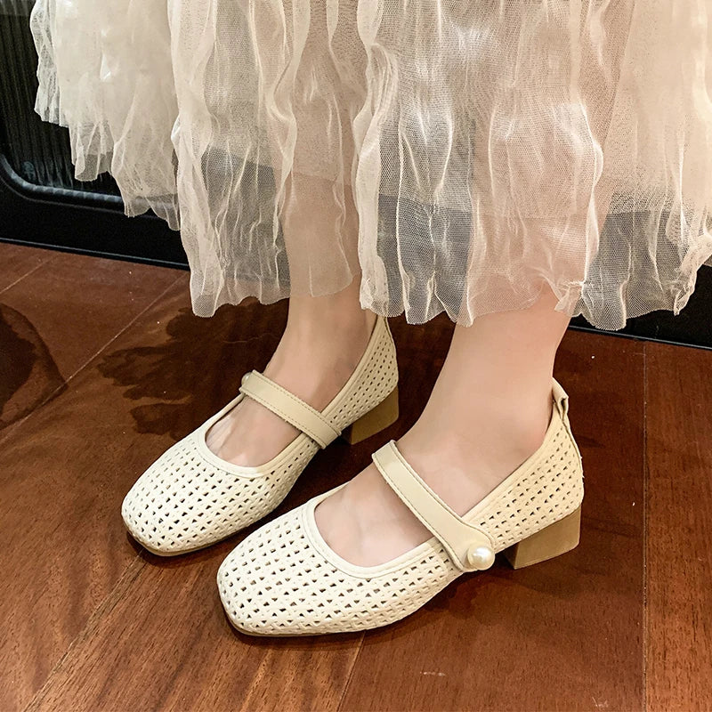LBSFY -Spring/Summer New Style Fashionable Women's One Word Buckle Mary Janes Round Head Flat Women's Mesh Ballet Shoes Zapatos Mujer