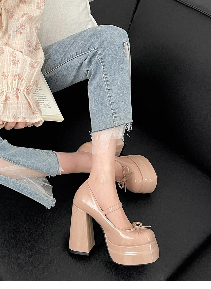 LBSFY -Autumn Platform Thick Heel Women Mary Jane Shoes Fashion Butterfly-knot Shoes Ladies Outdoor Dress Pumps