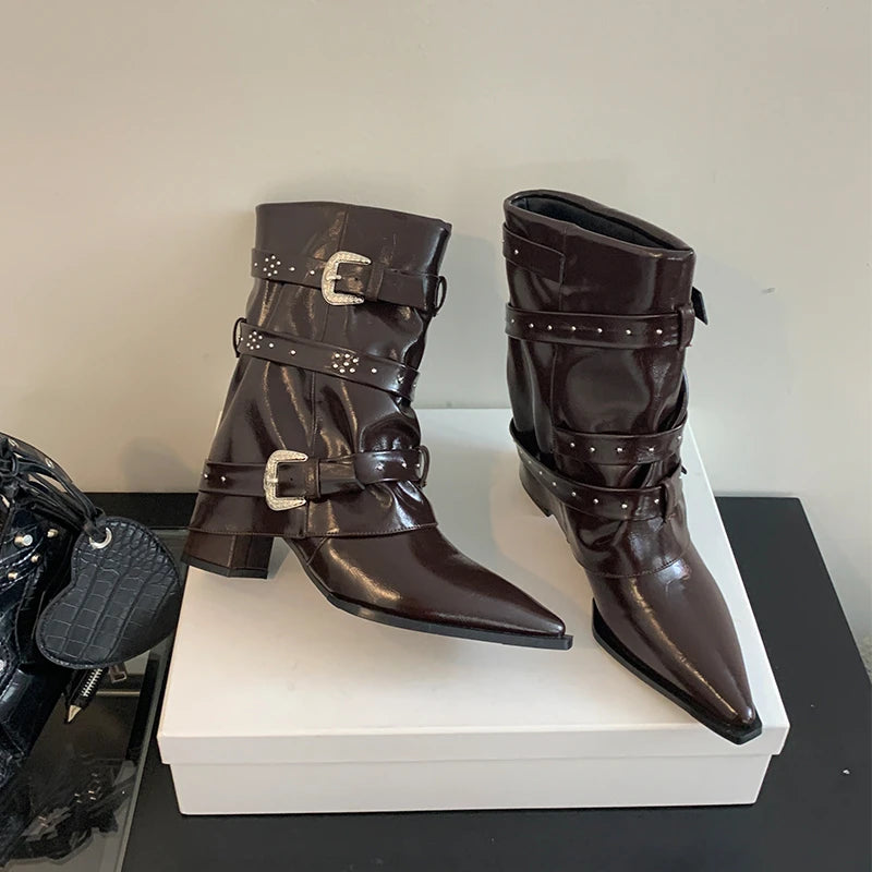 LBSFY -Biker Boots for Women Buckle Knee High Boots Pointed Toe Punk Motorcycle Goth Fashion Boots Winter Shoes Street Boot