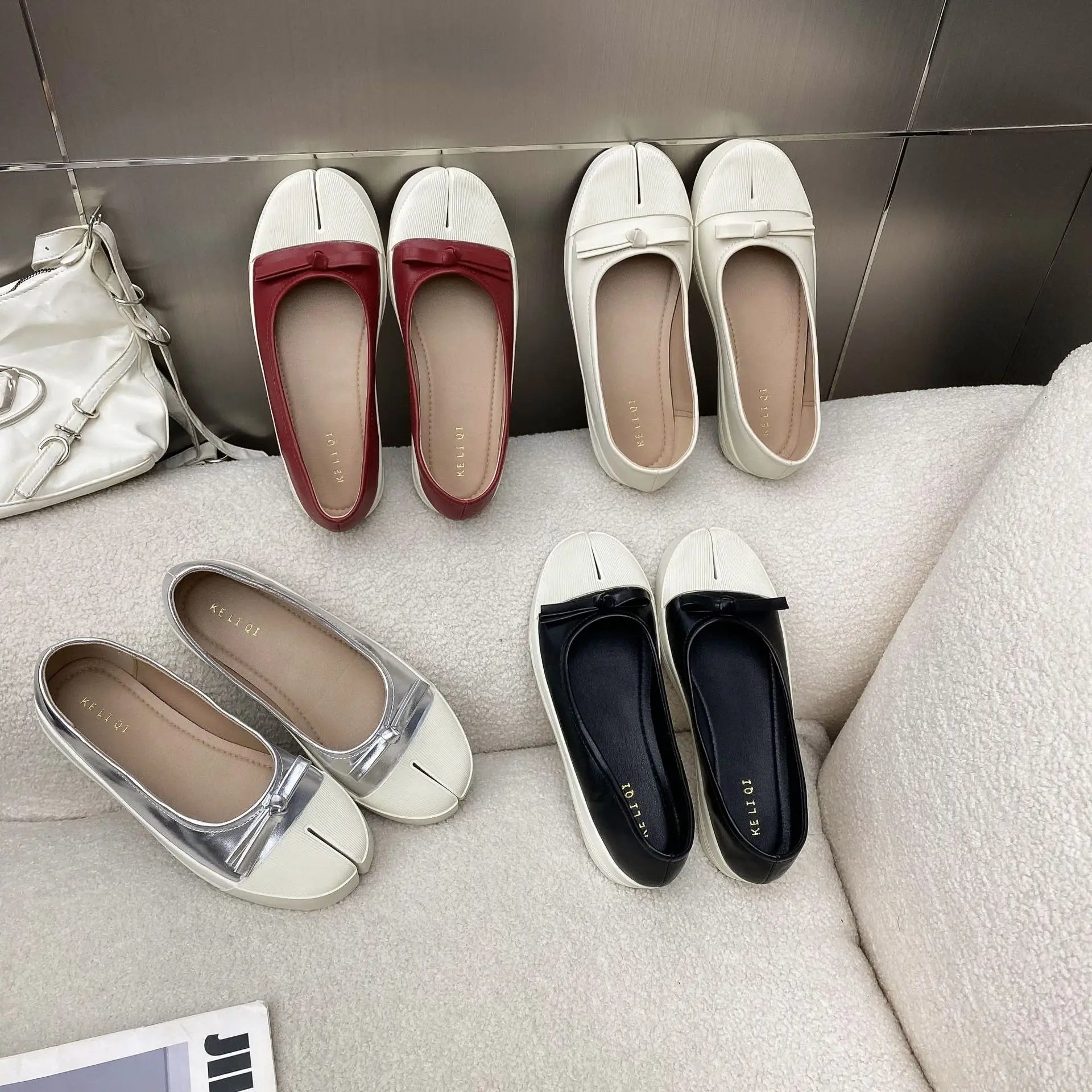 LBSFY  -   Split Toe Shoes Women Black Leather Flats Ballet 2024 New Fashion Bow Red Mary Janes
