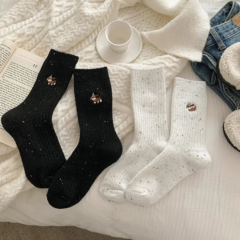 Lbsfy 2 Pairs Wool Women Socks Style Trendy Embroidery Socks Cartoon Long Style Simple Kawaii Cute Socks Dogs Breathable Comfy