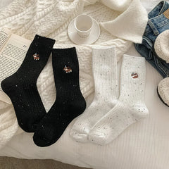 Lbsfy 2 Pairs Wool Women Socks Style Trendy Embroidery Socks Cartoon Long Style Simple Kawaii Cute Socks Dogs Breathable Comfy