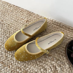 LBSFY -Rivet Decor Velvet Mary Janes Shoes Women Round Toe Elegant Ballet Flats Shoes Ladies Buckle Strap Spring Autumn Loafers New