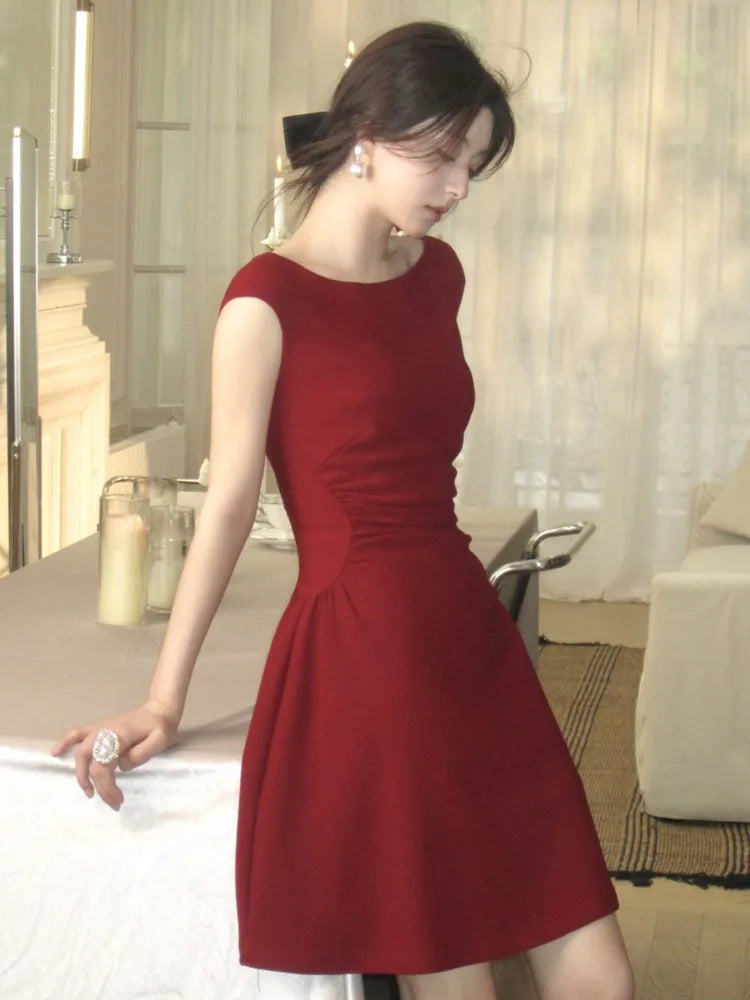 LBSFY -French Vintage Slim Women's Dresses Summer Elegant Slash-Neck A-Line Folds Design Shoulder Wrap New Dresses Party Evening 2025