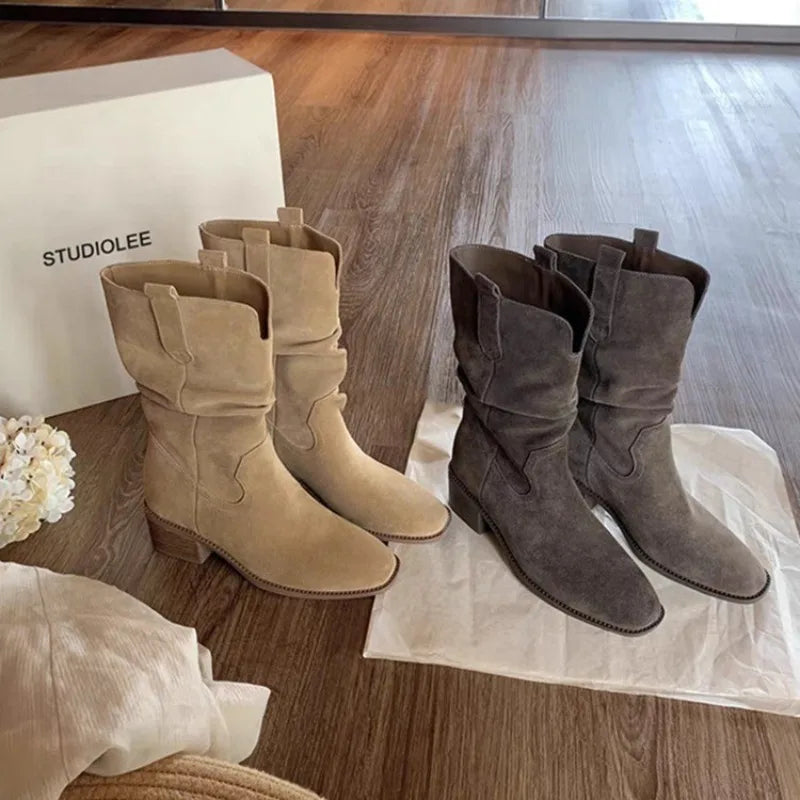 LBSFY -New Style Luxury Women's Retro Brown Western Cowboy Long Boots Women's Fashionable Mid-Calf Pointed Toe Booties Zapatos Mujer