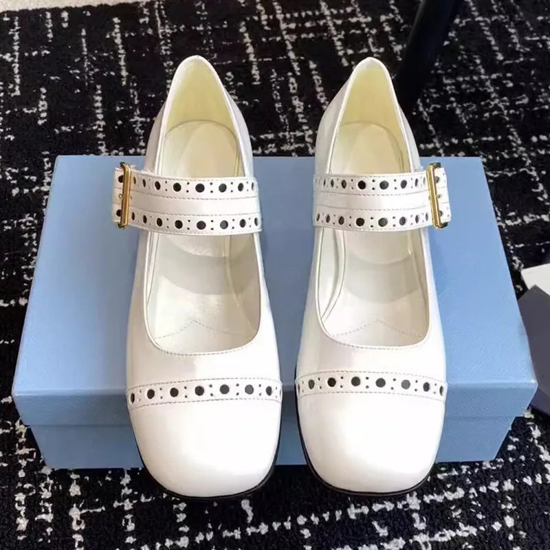 LBSFY  -   Fashion Patent Leather Hollow out Mary Janes Women Pumps Spring Summer Vintage Belt Buckle Chunky heels Girl Shoes Zapatos Mujer