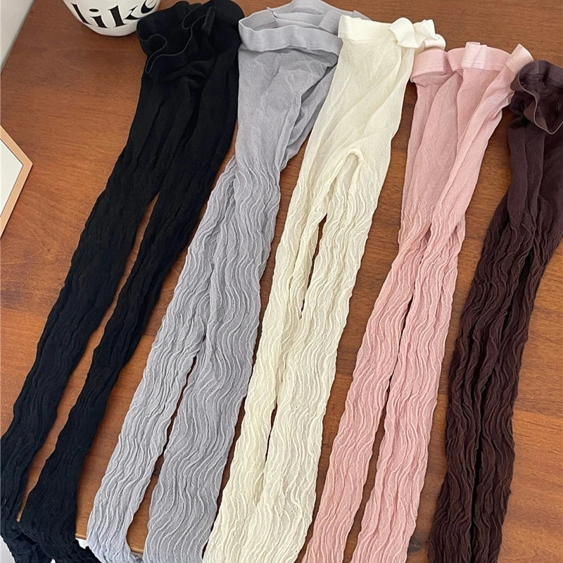 Lbsfy Women's Tights Elegant Sexy Wave Bottoming Stockings Ladies Hollow Out Lace Pantyhose Breathable Sheer Female Long Stockings