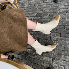 LBSFY  -  Women Genuine Leather Boots Brand Mix-Color Back Zipper Ankle Stretch Boots Lady Medium Heels Round Toe Shoes