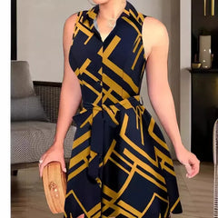 LBSFY  -  New Women's Printed Sleeveless Lace-up Dress Shirt Mini High Waist Dress Single Breasted Fashion Summer