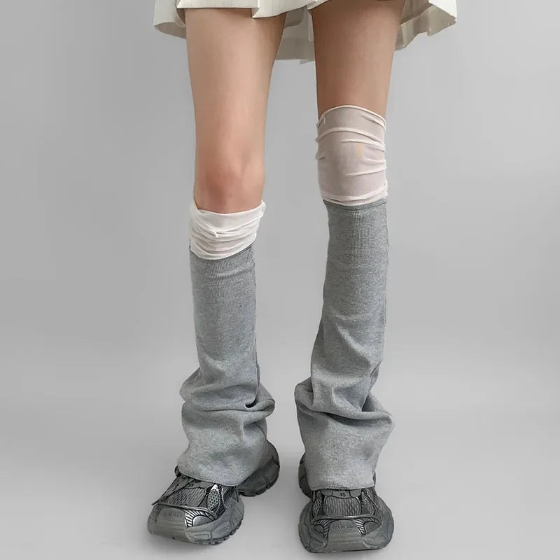 Lbsfy Korean Mesh Patchwork Cotton Leg Warmers Japanese Harajuku Solid Color Pile Socks Mid Tube Socks Cool Over Knee Flare Leg Socks