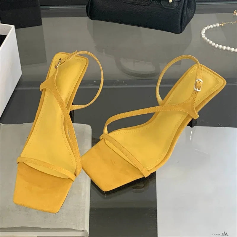 LBSFY -New Summer Fashion Square Toe Buckle Strap Sandals Women Elegant Thin Low Heels Party Stripper Shoes Pumps