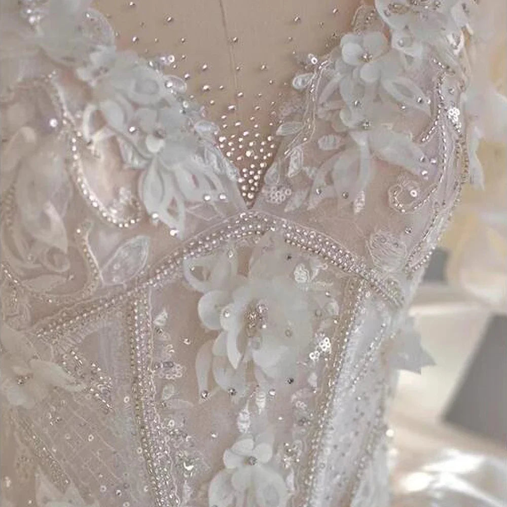 LBSFY -Elegant Women Wedding Dresses Chic Sweetheart Puff Sleeves Sequined Ball Gowns Bow Ribbon Cathedral Train Bridal Dresses