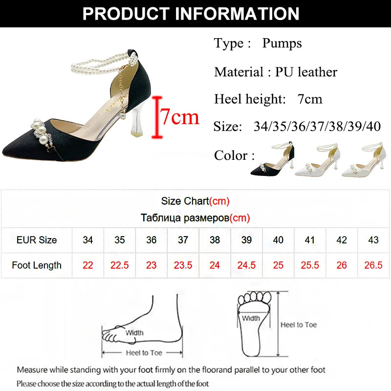 LBSFY  -   Fashion Pearl Ankle Strap Pumps Women String Bead Stiletto Heel Party Shoes Woman Point Toe Pu Leather Two-Piece High Heel Shoes