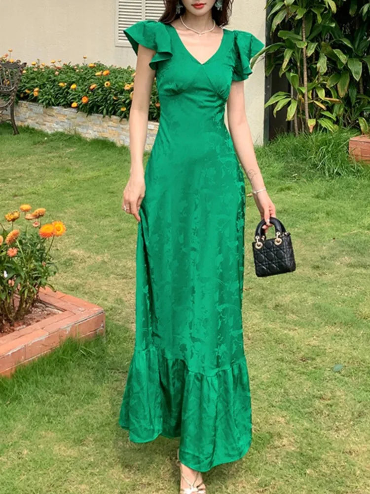 LBSFY -Summer French Vintage Ruffles Satin Women's Long Dresses Green Waist Print V-Neck Flying Sleeves Dress Fashion New Vestidos