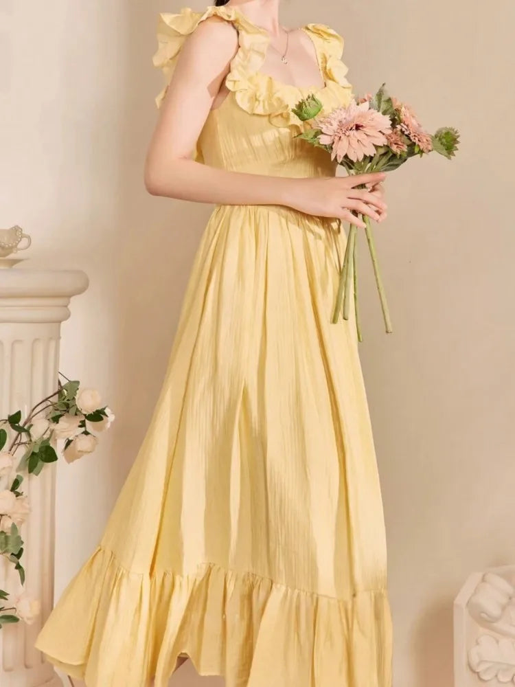 LBSFY -Yellow Ruffle Summer Chic French Pleated Long Dresses New Women's Flying Sleeve High Waist Square Collar Vacation Backless Dress