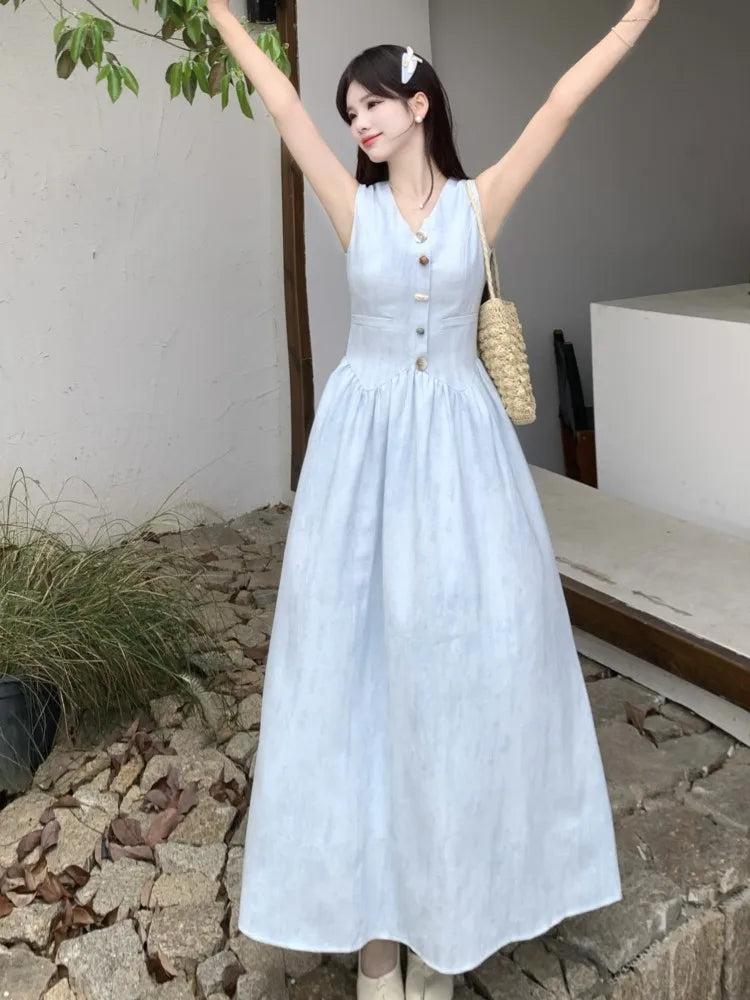 LBSFY -Women's French Fashion Elegant Long Dresses Summer Vintage V-Neck Single Breasted Slim Waist Dress 2025 New Basics Vestidos