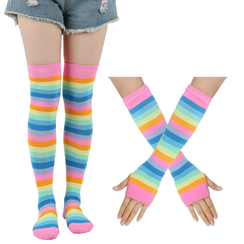 Lbsfy 2Pair/Set Women Gothic Punk Over Knee Long Stripe Socks Girl Arm Sleeve Gloves Thigh High  Hosiery Sweet Cute Christmas Gift