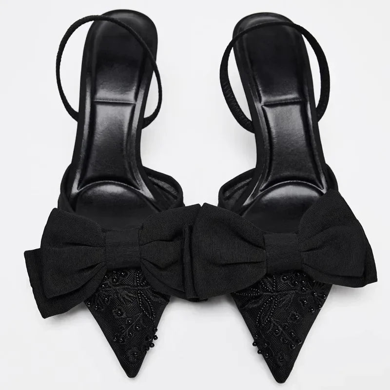 Lbsfy Thin High Heels Women Bow String Bead Pointed Slingback Mules Pumps Mesh Embroider Elegant Dress Sandals Female