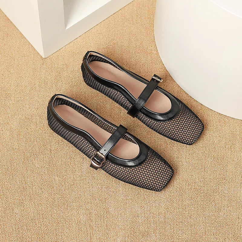 LBSFY  -  Fashion Square Toe Mesh Ballet Flats Buckle Strap Mary Janes Breathable Hollow Out Single Shoes Female Flat Bottom Casual Shoes