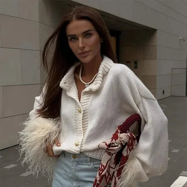 LBSFY  -  2025 Feather Patchwork Knitted Cardigan Women Fashion Long Sleeve Single Breasted Short Loose Sweater Coats Elegant Street Tops